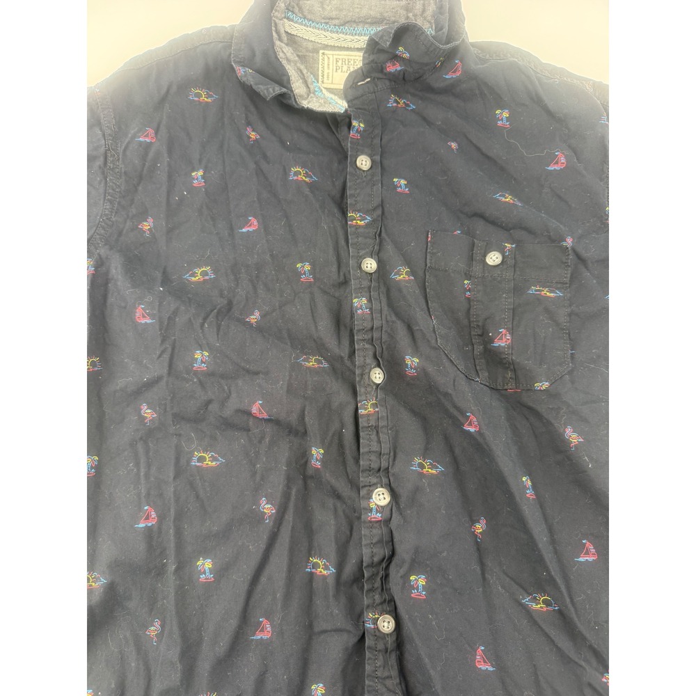 Free Planet Mens Medium Navy Blue Tropical Neon Embroidered Short Sleeve Shirt